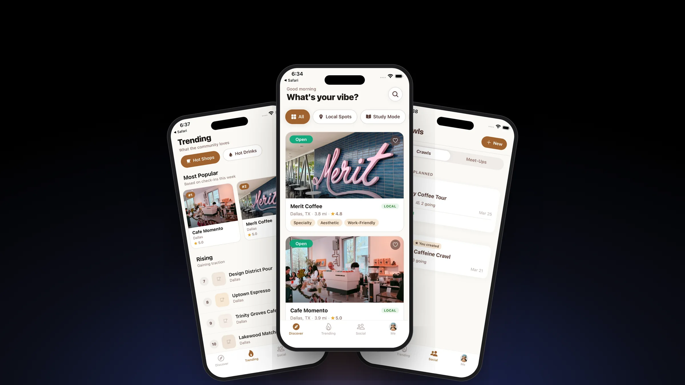 CoffeeVibes on three phones: trending shops, the vibe feed, and coffee crawls