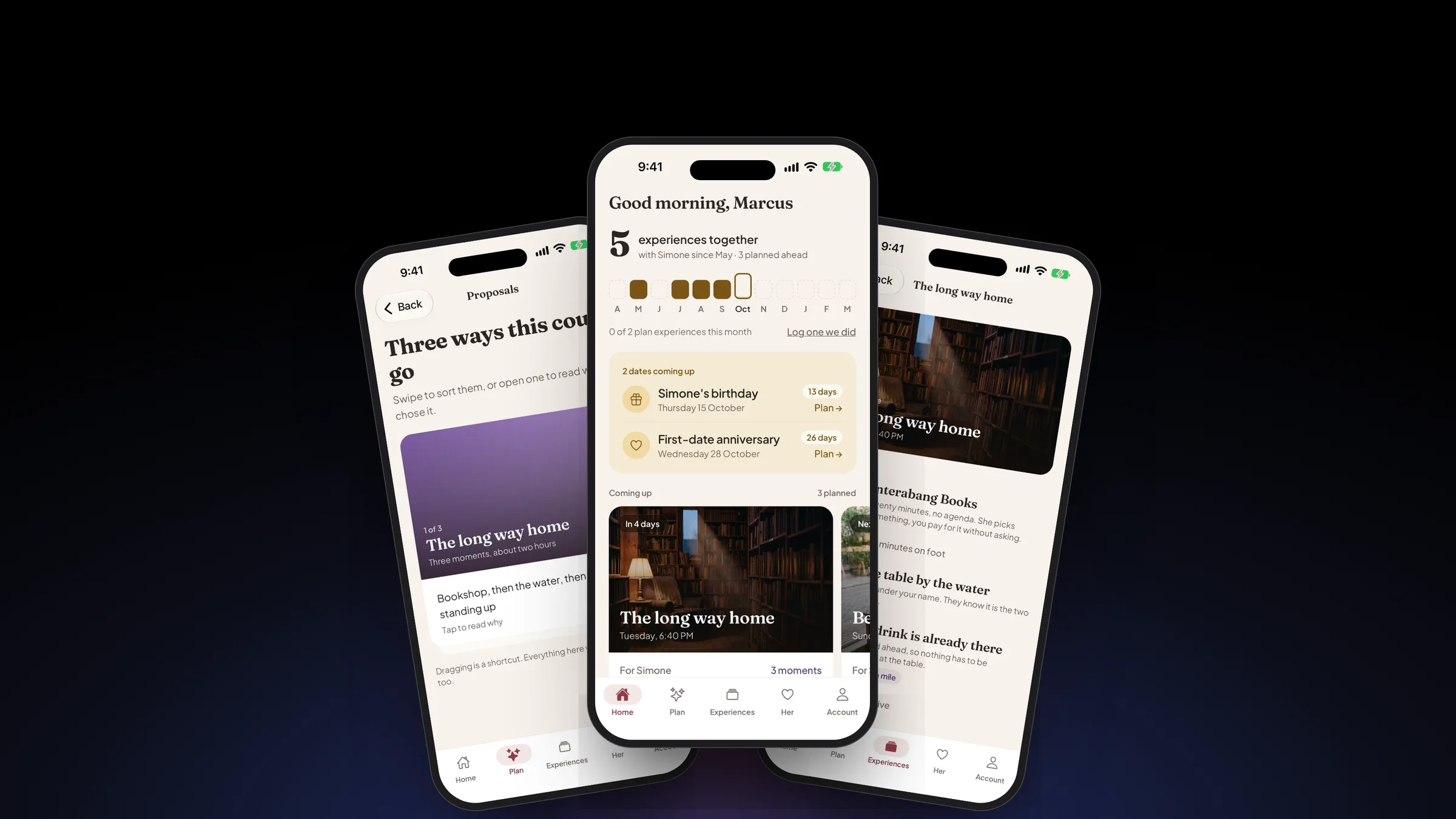 Reserved For Her on three phones: proposals for a night, the home screen, and the arc of a planned evening