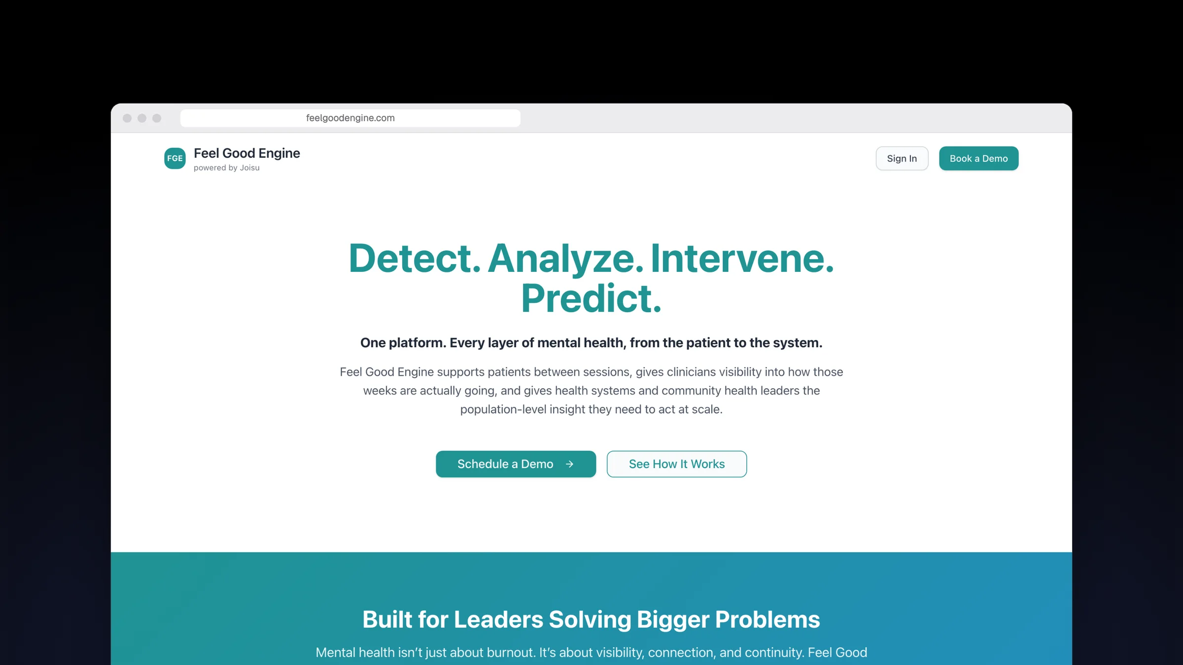 The Feel Good Engine website by Joisu: Detect. Analyze. Intervene. Predict.
