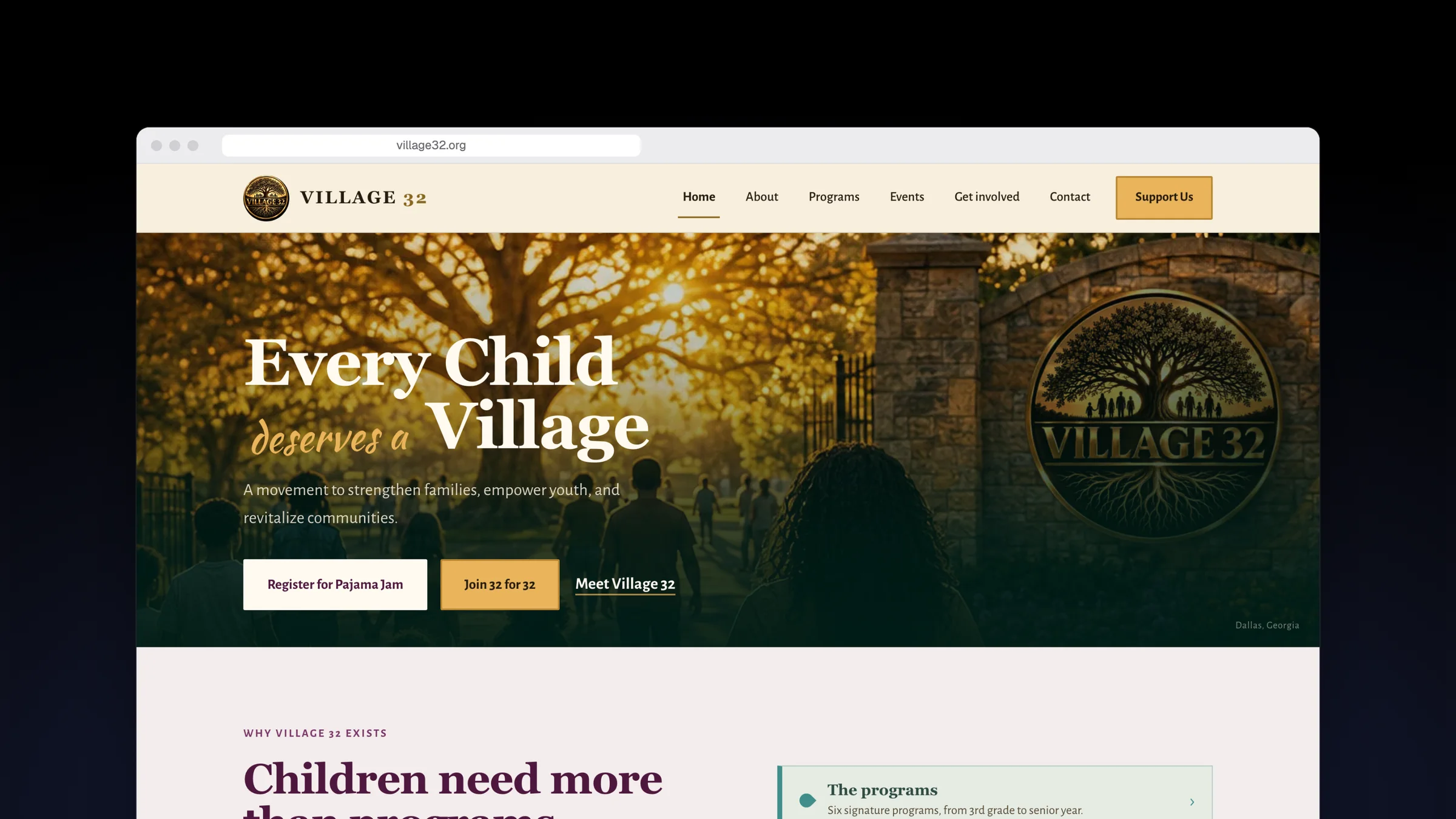 The Village 32 homepage: Every child deserves a village, with ways to register, join, and support